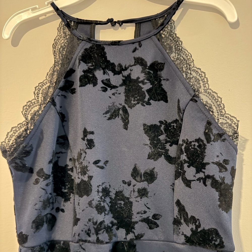 Windsor dark navy blue velvet floral dress, size medium - Picture 2 of 7